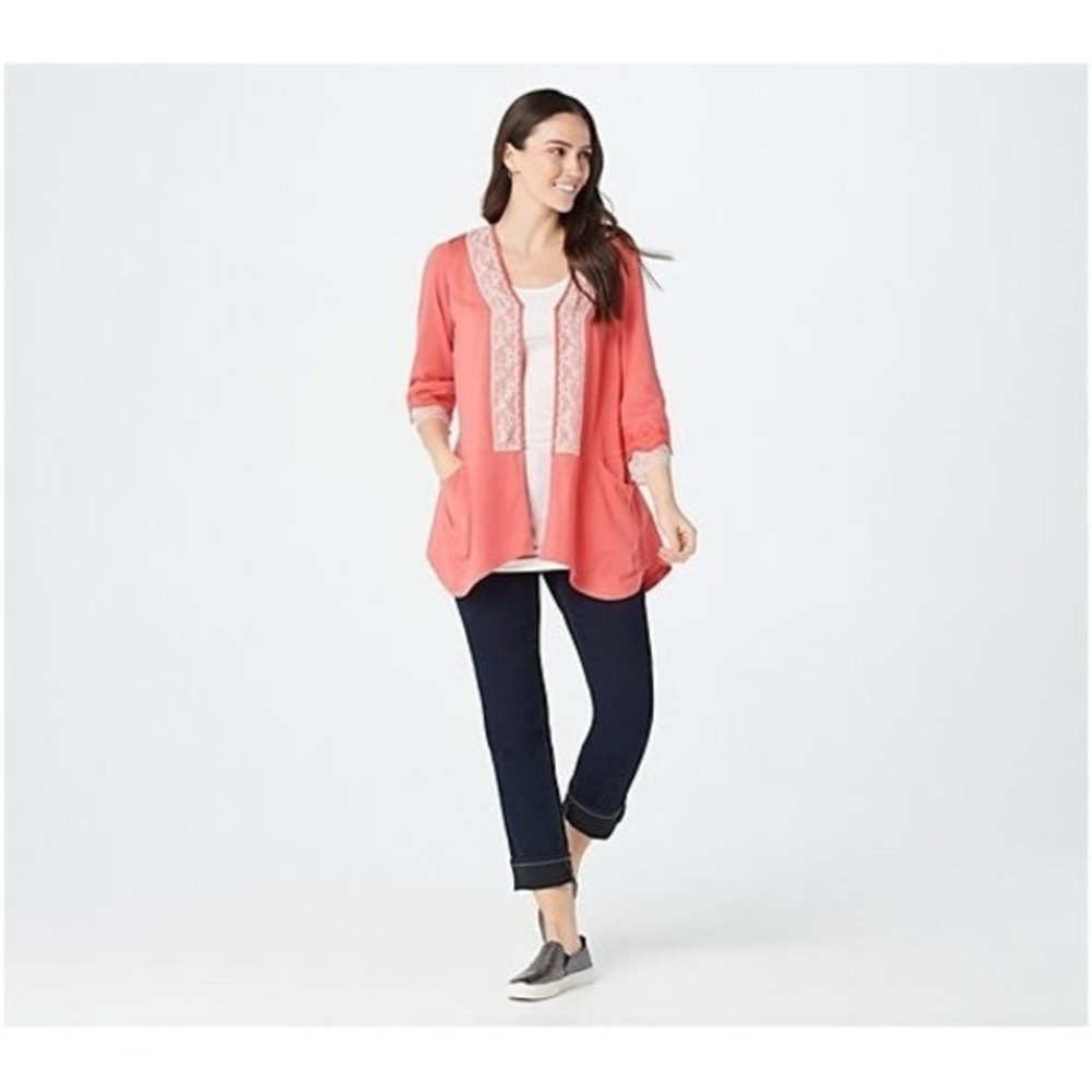 LOGO by Lori Goldstein Cotton Modal Cardigan w/ Lace Vibrant Coral Women's XXS - Picture 2 of 8